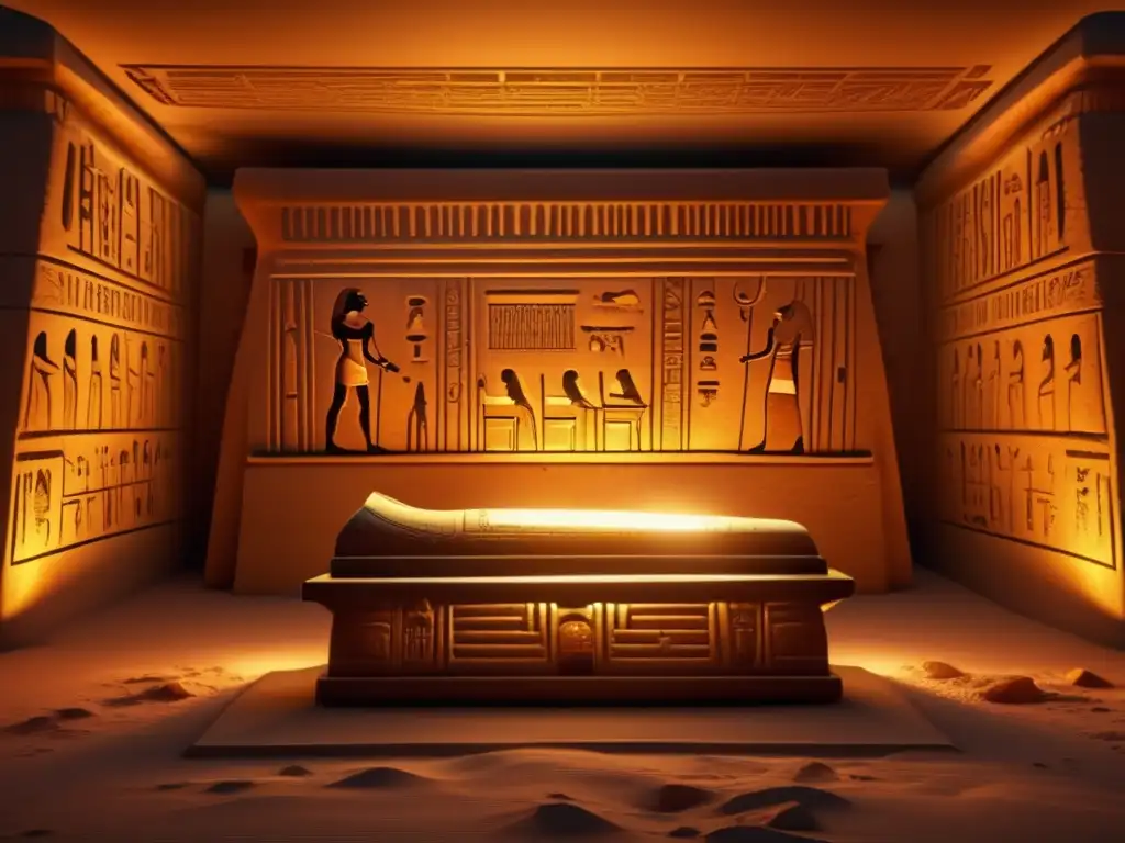 Un antiguo sarcófago egipcio adornado con magia en los textos, iluminado por la tenue luz de las antorchas en una cámara de entierro