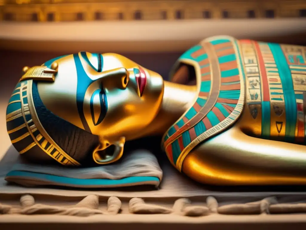 Un antiguo sarcófago egipcio adornado, revelando el arte de la momificación