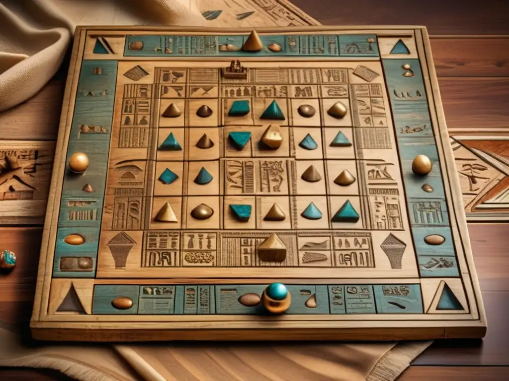 Un antiguo tablero de juegos egipcios, de madera pulida y adornado con intrincados grabados jeroglíficos