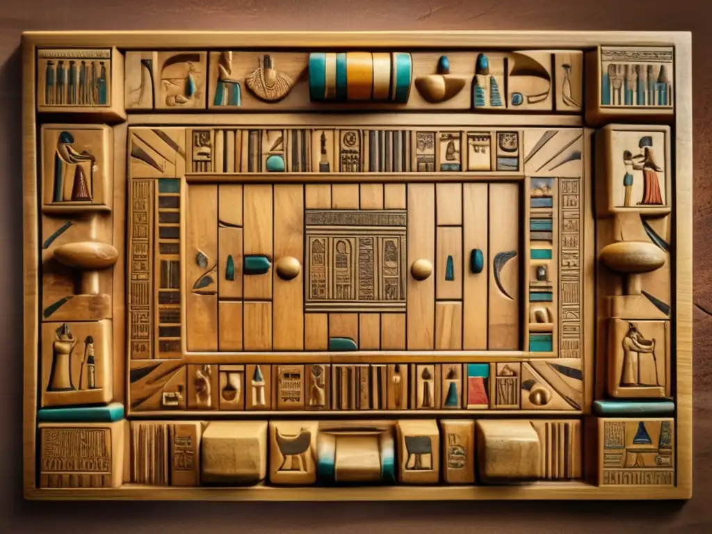 Un antiguo tablero de juego egipcio tallado en madera, con jeroglíficos y piezas de piedra pulida