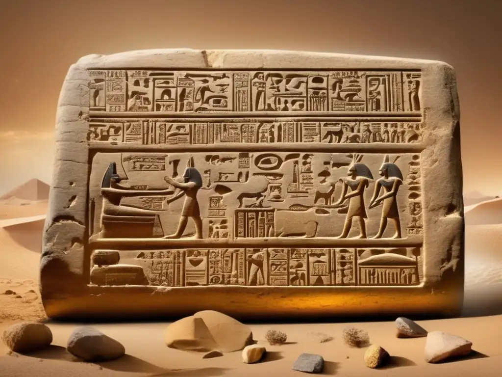 Un antiguo tablero de piedra, con jeroglíficos desgastados, rodeado de artefactos y libros en una biblioteca misteriosa