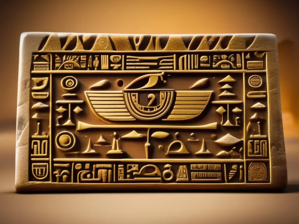 Un antiguo tablet de piedra con jeroglíficos del calendario egipcio, adornado con oro y símbolos que representan el paso del tiempo