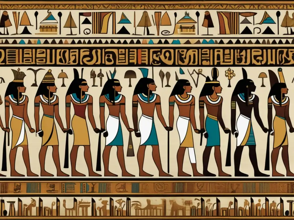 Un antiguo tejido egipcio con patrones jeroglíficos detallados que representan creencias religiosas y deidades