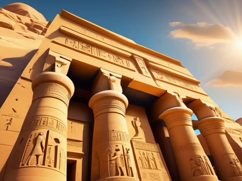 Un antiguo templo egipcio de arenisca con intrincadas talladuras y jeroglíficos