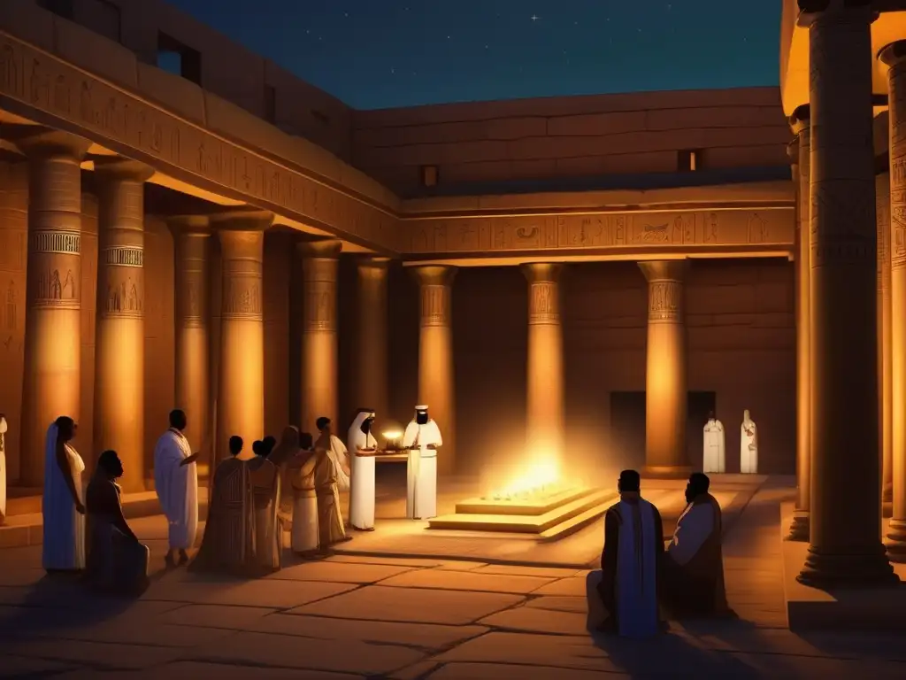 Un antiguo templo egipcio al atardecer, con sacerdotes preparando la ancestral receta del Kykeon
