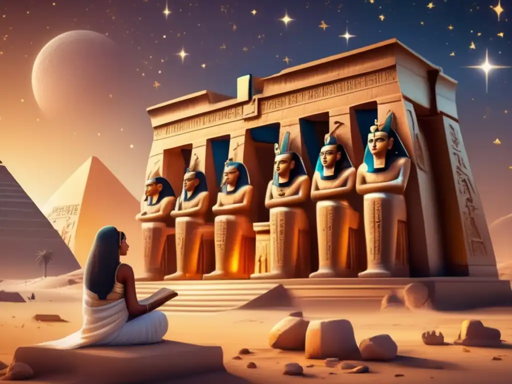 Un antiguo templo egipcio al atardecer, lleno de estrellas