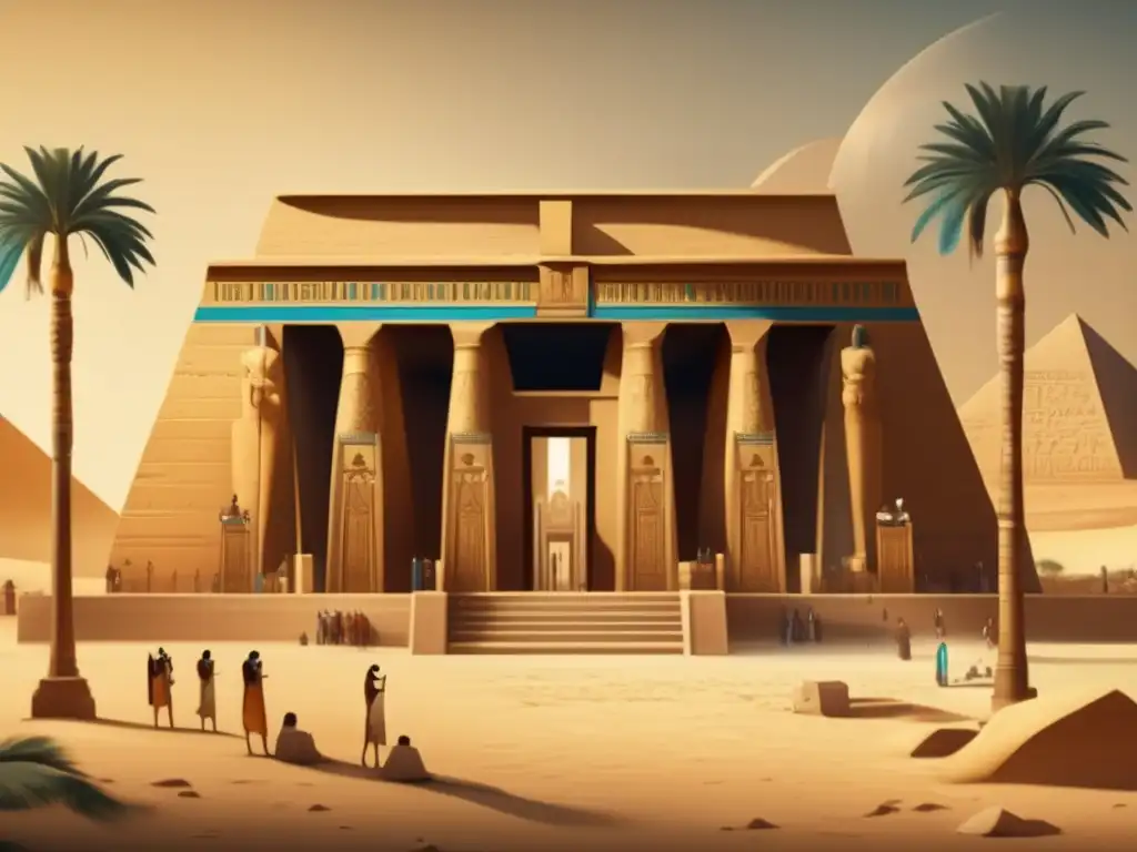 Un antiguo templo egipcio con bajorrelieves de propaganda de la era de los faraones, capturando la esencia y el arte de Egipto
