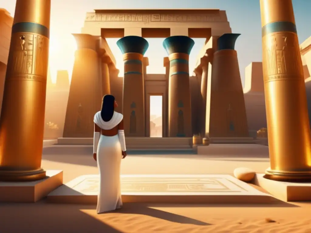 Un antiguo templo egipcio bañado en cálida luz dorada revela la grandiosidad y misticismo de la civilización