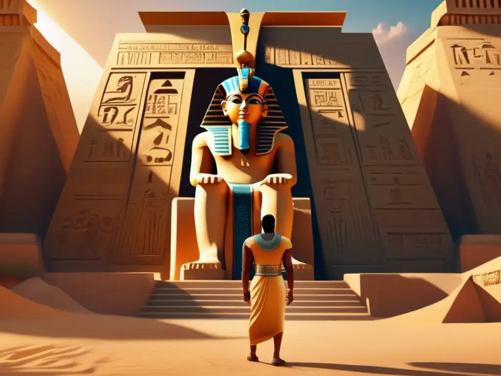 Un antiguo templo egipcio bañado en luz dorada revela intrincadas esculturas y jeroglíficos