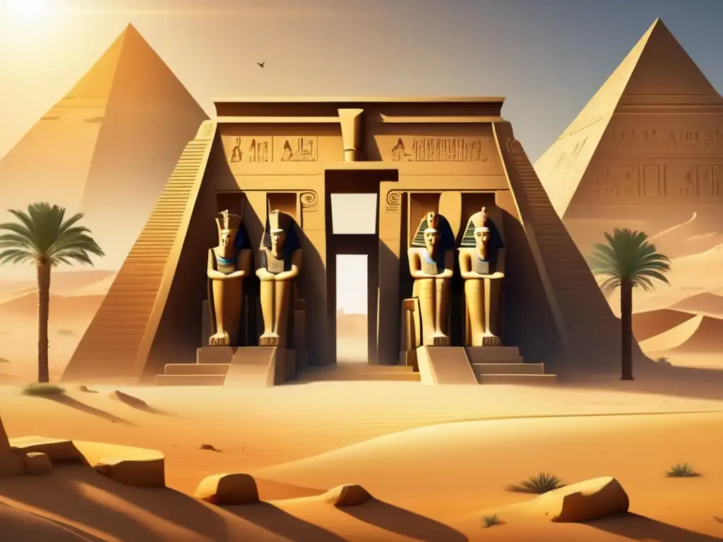 Majestuosidad dorada: Templo egipcio antiguo y sus secretos Antiguo templo egipcio bañado en cálida luz dorada, con muros de piedra desgastados y jeroglíficos que cuentan el reinado de Qakare Ibi en Egipto