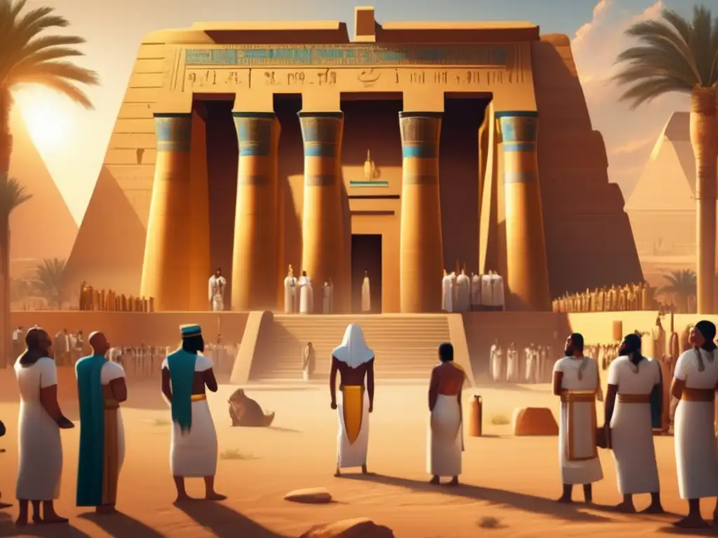 Un antiguo templo egipcio bañado en cálida luz dorada, rodeado de jeroglíficos y estatuas de faraones