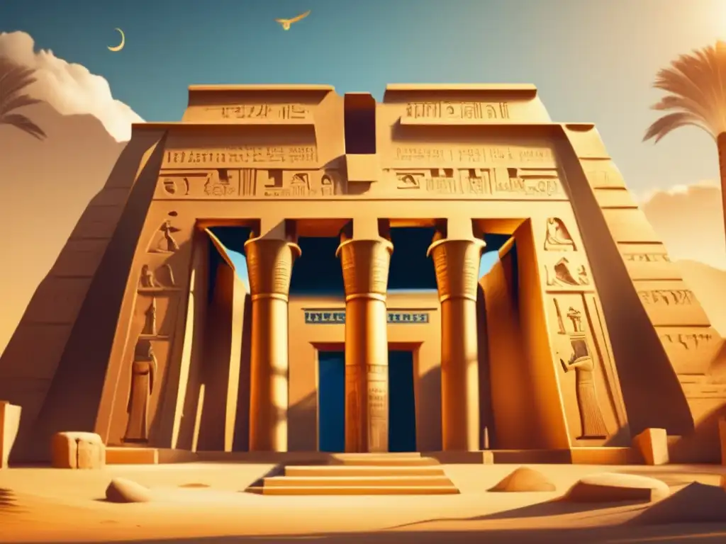 Un antiguo templo egipcio bañado en luz dorada, con jeroglíficos tallados y una arquitectura grandiosa