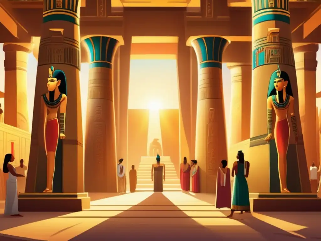Un antiguo templo egipcio bañado en luz dorada, con columnas talladas, jeroglíficos y murales coloridos