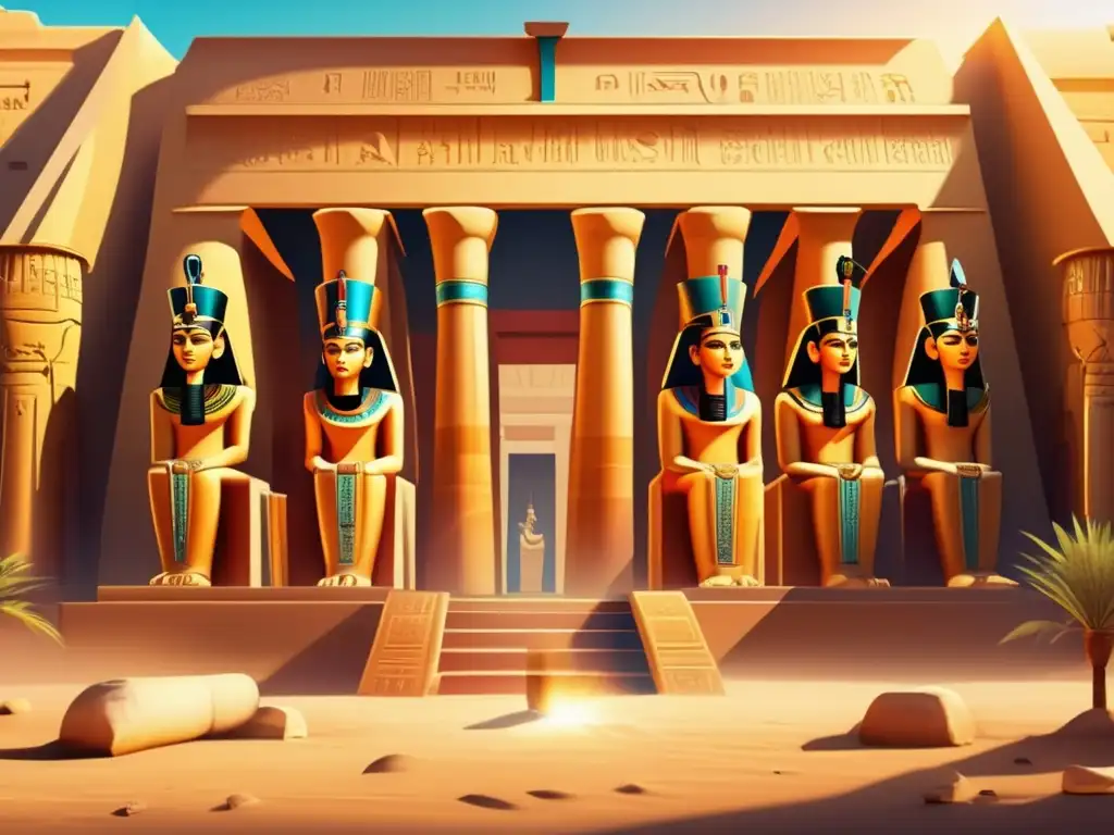 Un antiguo templo egipcio, bañado por la cálida luz del sol, resplandece con colores vibrantes y escenas de rituales religiosos