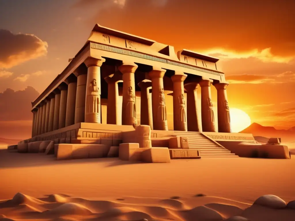 Un antiguo templo egipcio se yergue majestuosamente contra un cielo de atardecer dramático