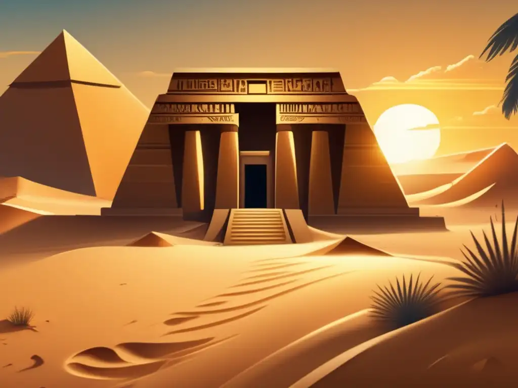 Una ilustración vintage muestra un antiguo templo egipcio en el desierto, con proporciones antinaturales en su arquitectura