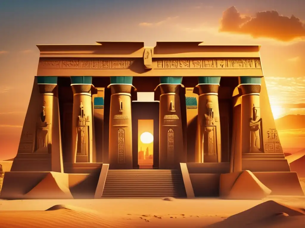 Un antiguo templo egipcio con detalles y jeroglíficos intrincados se alza majestuoso en un atardecer vibrante