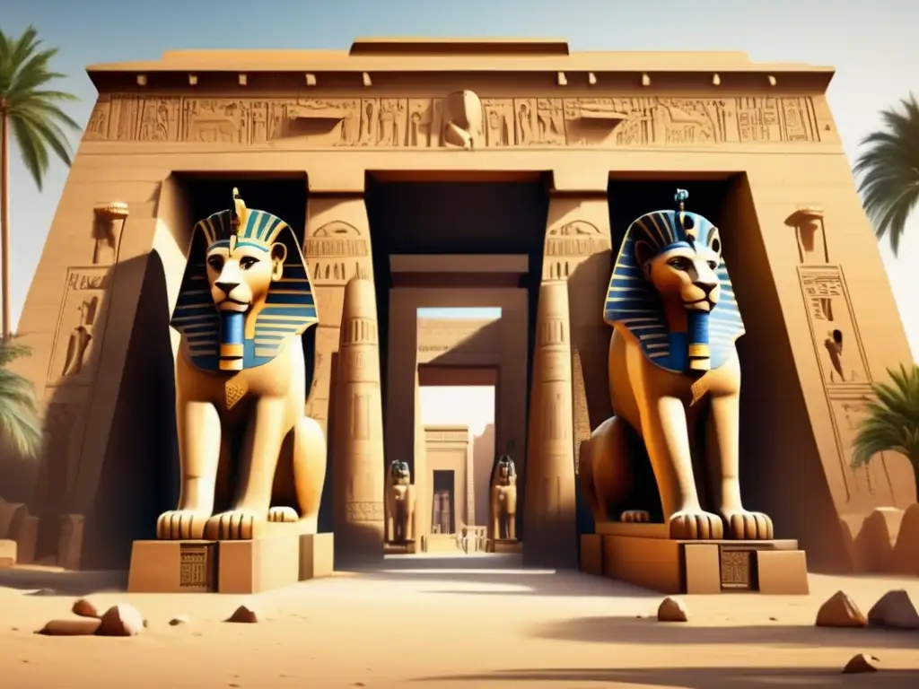 Un antiguo templo egipcio con decoración egipcia y esculturas guardianes, rodeado de palmeras imponentes y sombras alargadas
