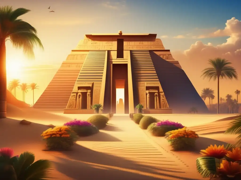 Un antiguo templo egipcio iluminado por los rayos dorados del sol poniente