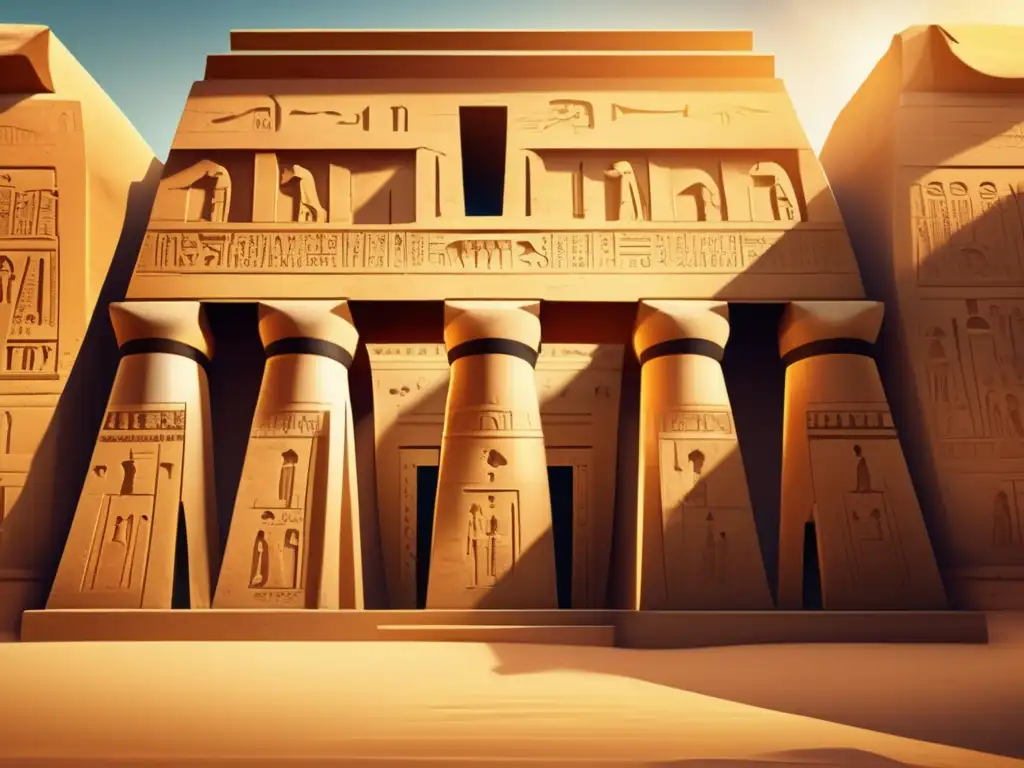 Un antiguo templo egipcio con intrincados jeroglíficos tallados en sus paredes, bañado por la cálida luz del sol