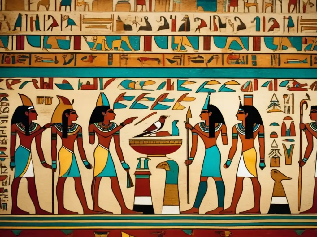 Un antiguo templo egipcio con jeroglíficos y murales coloridos, evocando la importancia de la escritura en los rituales funerarios