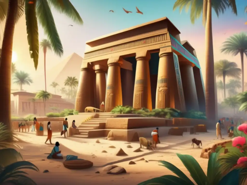 Una ilustración vintage detalla un antiguo templo egipcio con jeroglíficos y murales coloridos