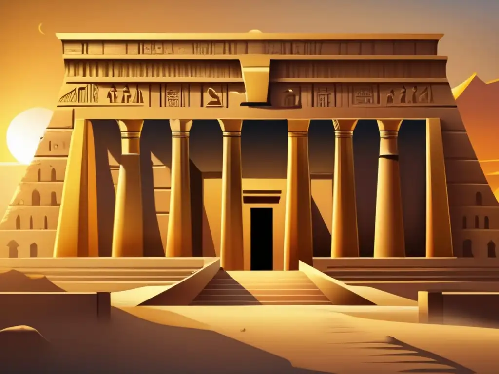 Un antiguo templo egipcio se alza majestuoso contra un atardecer dorado