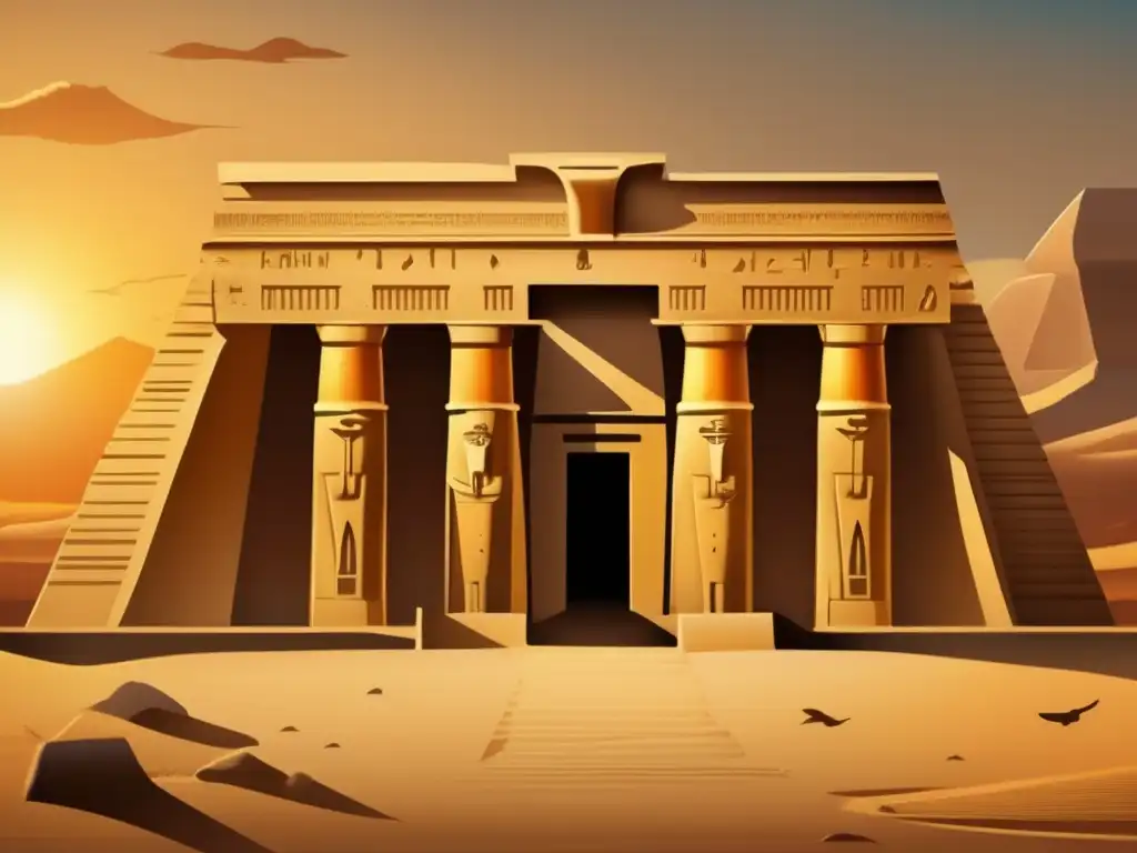Un antiguo templo egipcio se yergue majestuoso contra el fondo de un atardecer dorado