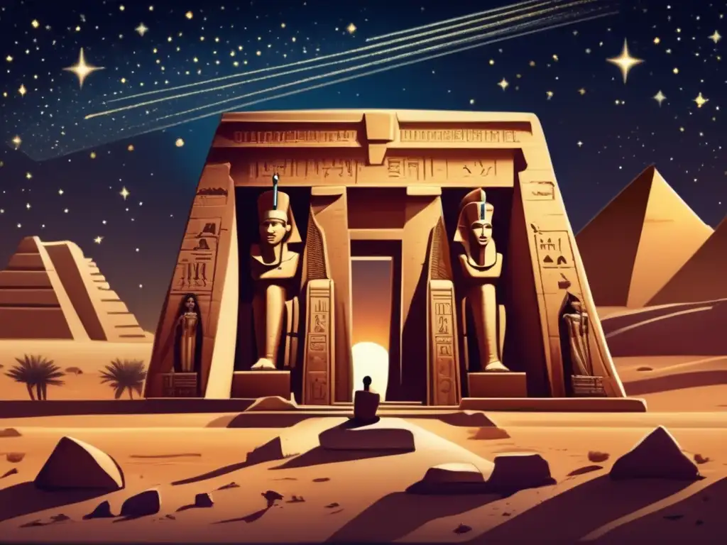 Un antiguo templo egipcio se alza majestuoso en el desierto, iluminado por un fascinante espectáculo celestial de estrellas y constelaciones