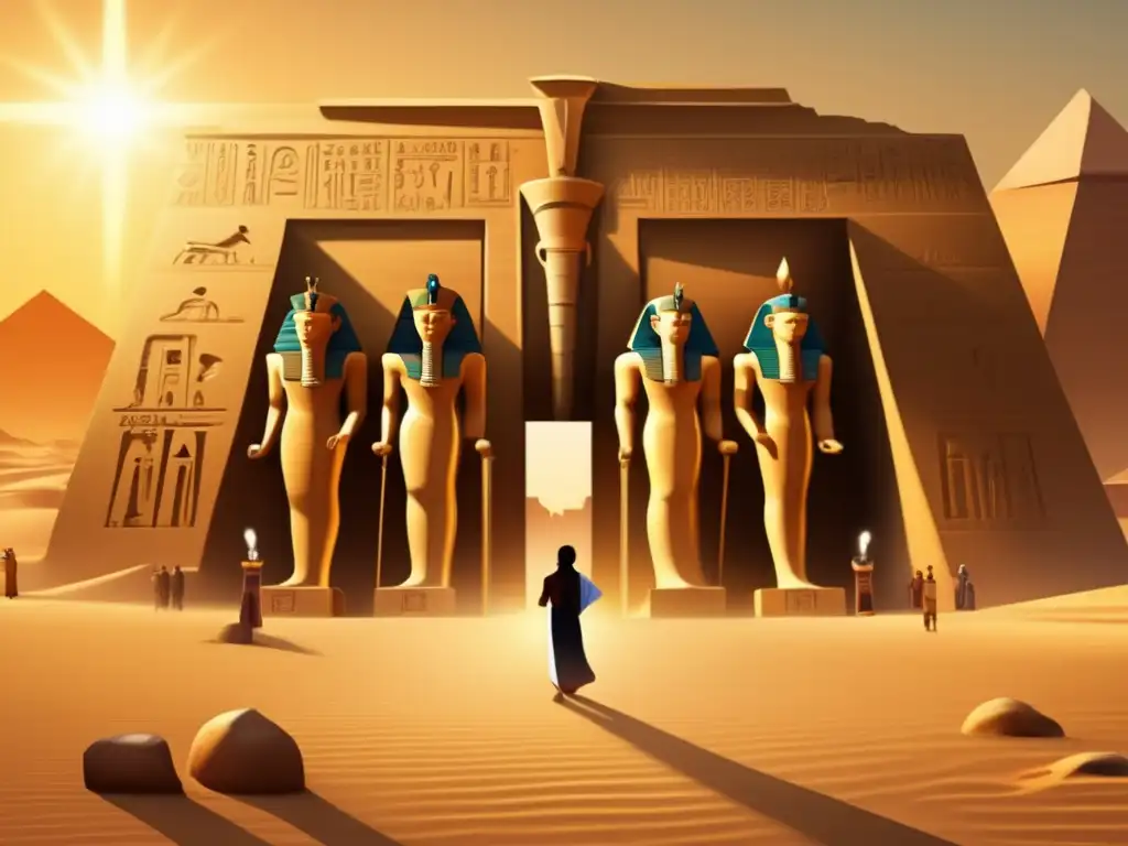 Un antiguo templo egipcio en medio del desierto dorado, adornado con jeroglíficos intrincados