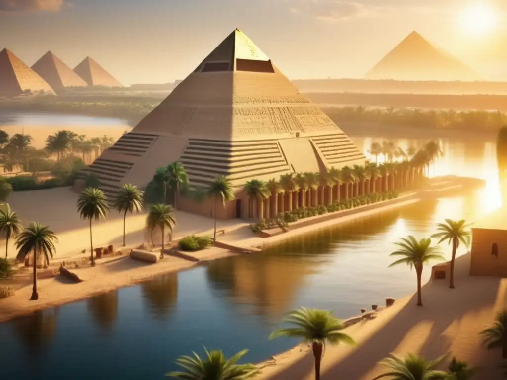Un antiguo templo egipcio a orillas del Nilo, iluminado por los rayos dorados del sol