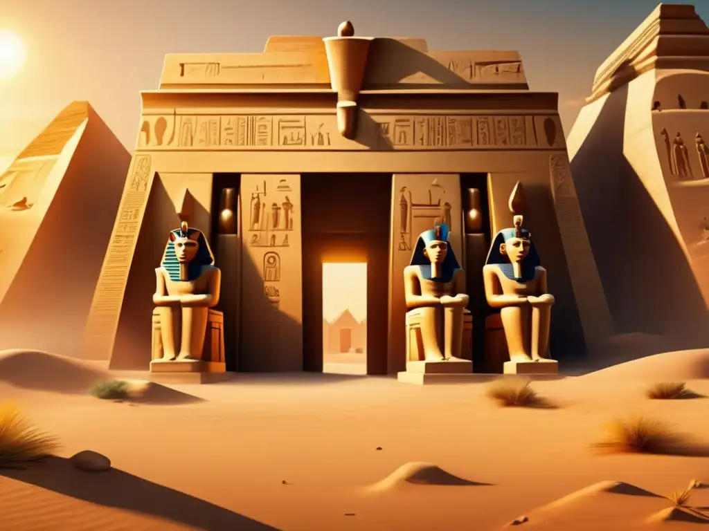 Un antiguo templo egipcio emerge en el paisaje desértico, detallado en 8K