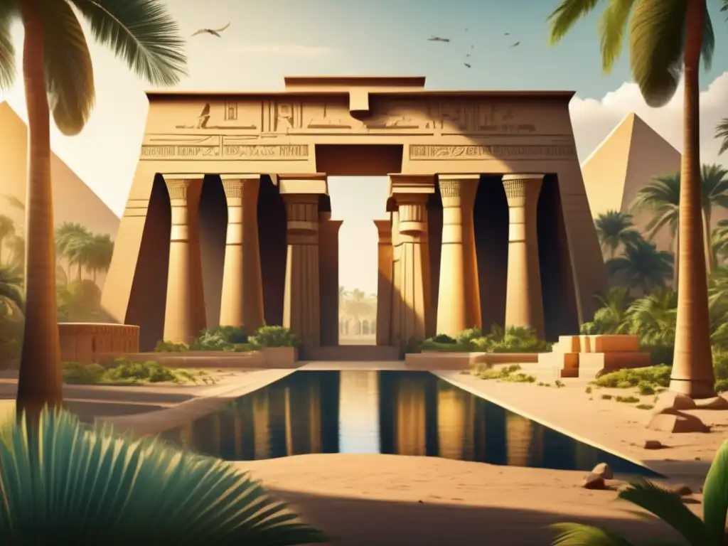 Un antiguo templo egipcio entre palmeras y el río Nilo