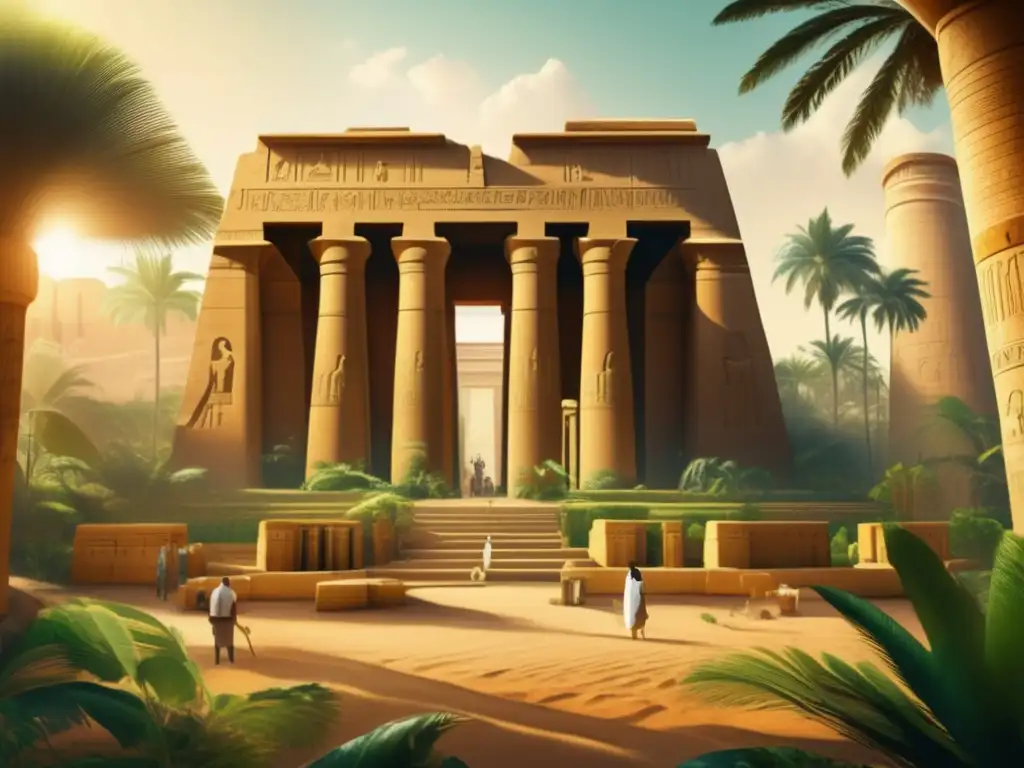 Un antiguo templo egipcio rodeado de exuberante vegetación, con técnicas modernas de conservación preservando su patrimonio faraónico