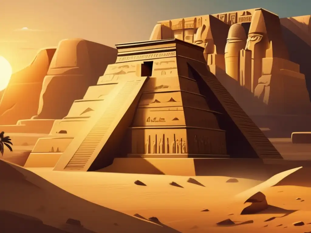 Un antiguo templo egipcio tallado en una colina rocosa, adornado con jeroglíficos y estatuas de faraones