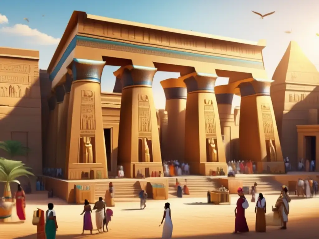 Un antiguo templo egipcio detalladamente tallado se alza en medio de un animado mercado
