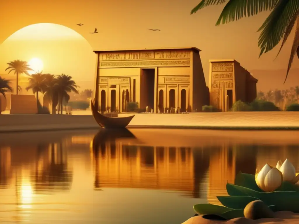 Un antiguo templo en Egipto, con elementos acuáticos en su escultura y pintura, junto al río Nilo al atardecer