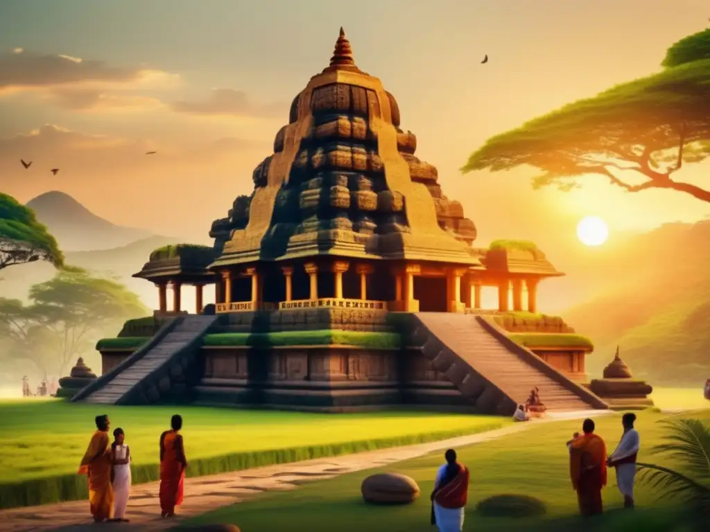 Antiguo templo entre exuberante paisaje, con sol poniéndose detrás