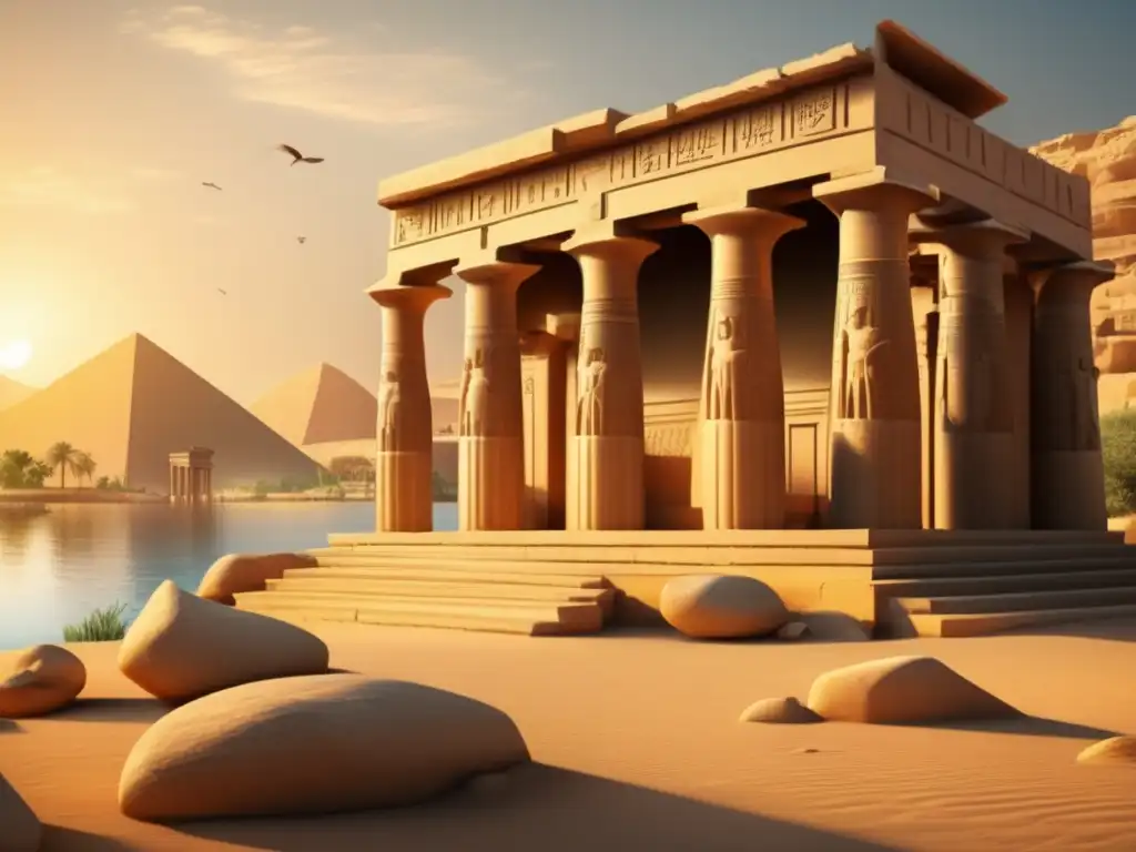 Un antiguo templo griego-egipcio preservado se erige majestuosamente junto al sereno río Nilo