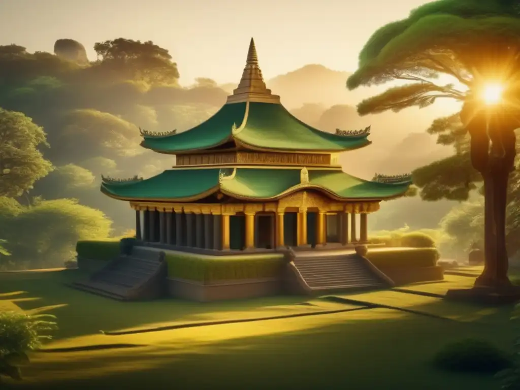 Un antiguo templo se alza majestuoso en un exuberante paisaje, testigo de la opulencia y la gestión de riquezas
