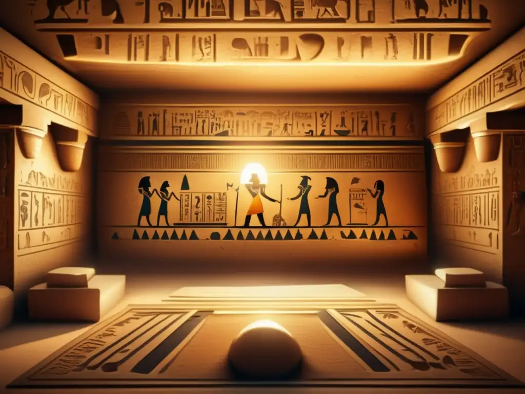 Un antiguo túmulo egipcio adornado con jeroglíficos del viaje eterno en Egipto