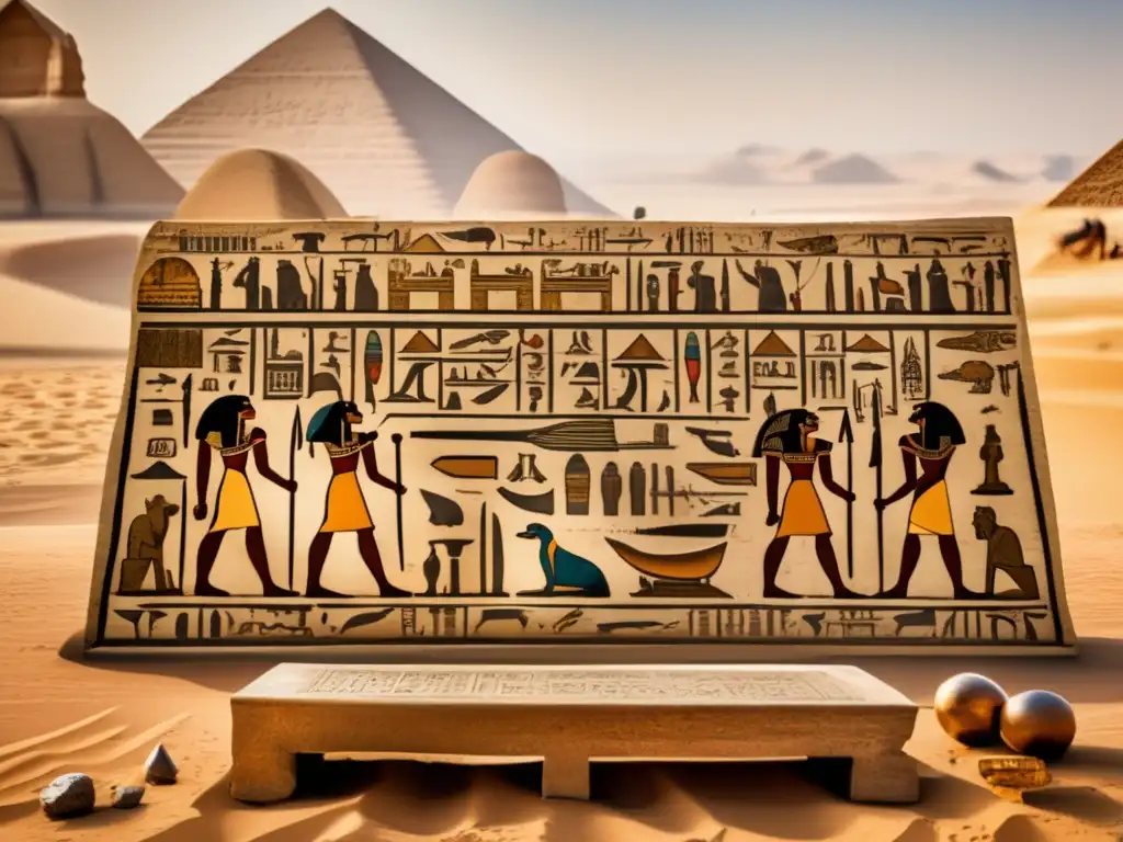 Un antiguo túmulo egipcio en el desierto, con jeroglíficos intrincados, exhibe el Arsenal del guerrero egipcio