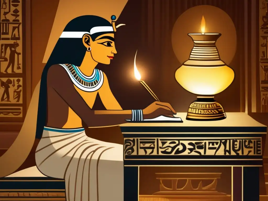El antiguo Egipto cobra vida con un scribe escribiendo jeroglíficos en papiro, iluminado por una lámpara de aceite