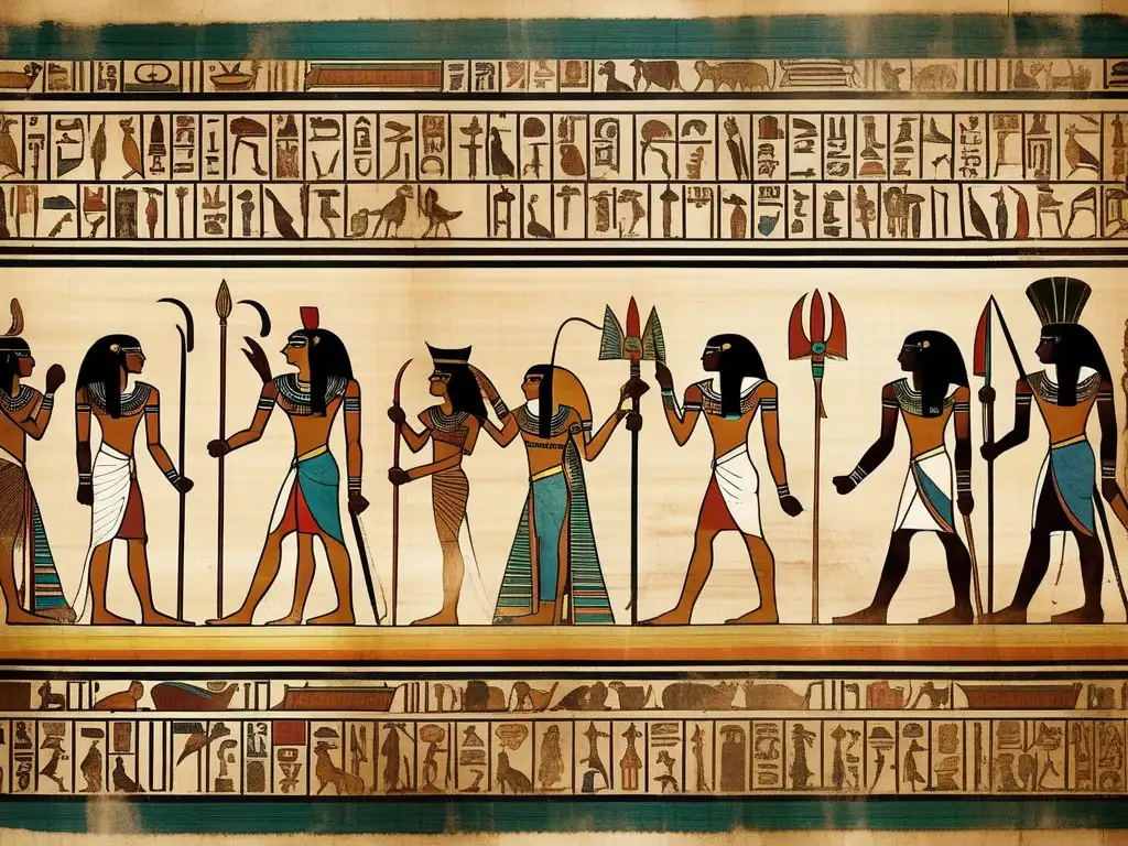 Antiguos jeroglíficos y simbolismos del Libro de los Muertos en un papiro envejecido y detallado