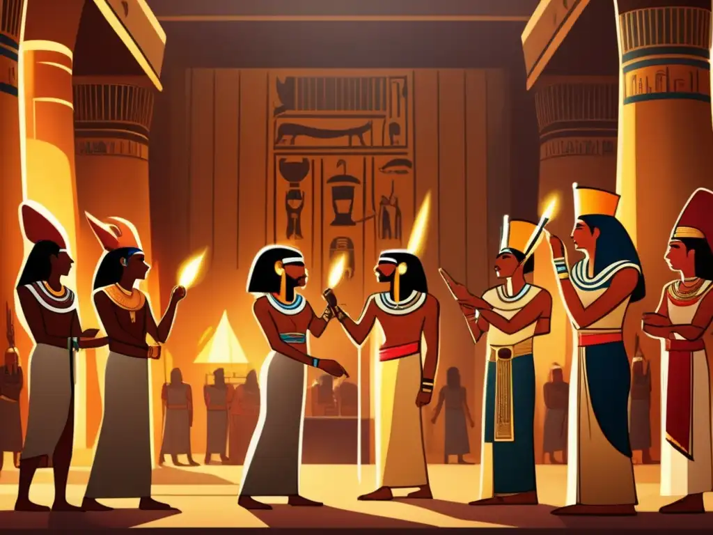 Antiguos oficiales egipcios debaten acaloradamente en un majestuoso salón adornado con jeroglíficos
