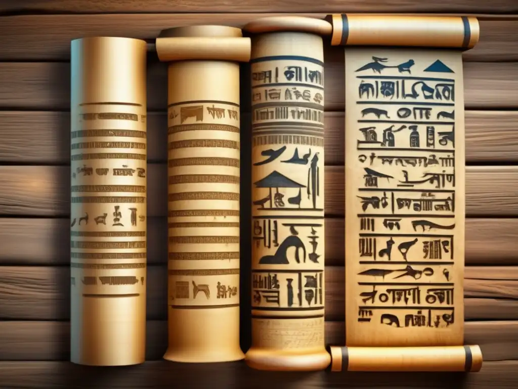 Tres antiguos pergaminos egipcios en una mesa de madera, mostrando la evolución de las escrituras del Antiguo Egipto
