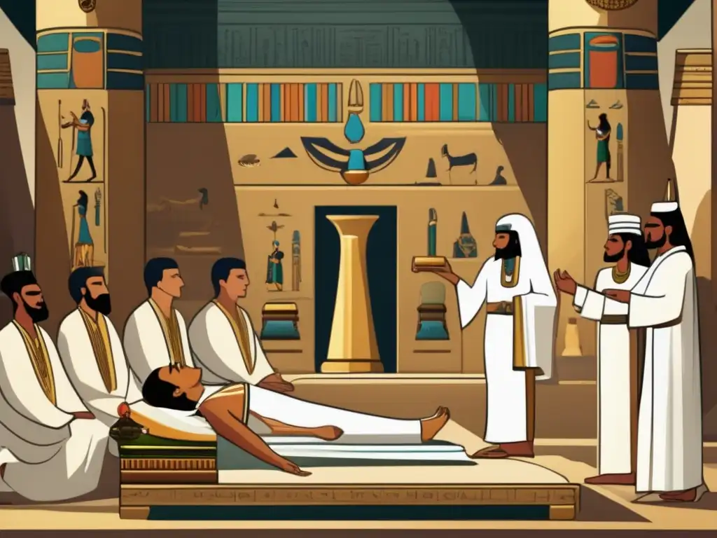 Antiguos sacerdotes egipcios realizan rituales de sanación en un templo sagrado, destacando su papel como médicos en la civilización egipcia