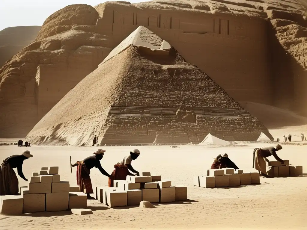 Antiguos trabajadores egipcios habilidosos construyen una pirámide con avances en la construcción, utilizando herramientas simples y técnicas precisas