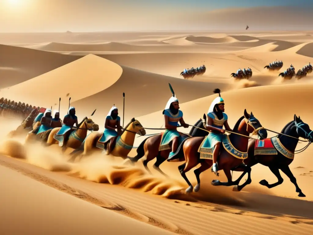 Apasionante batalla de carros de guerra en Egipto, con arena dorada, carros intricadamente diseñados y expresiones determinadas