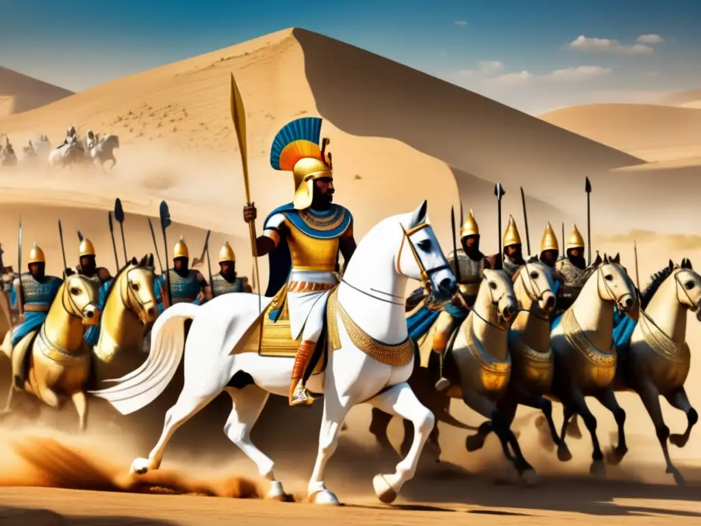 La apasionante Batalla de Kadesh con Ramsés II liderando a su ejército en un paisaje antiguo de colinas y desierto